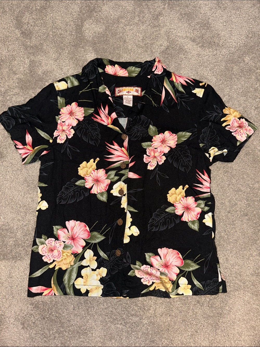 Caribbean Black Hawaiian Shirt with Pink & Yellow Floral Accents